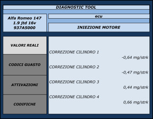 Schermata autodiagnosi compensazioni iniettori a motore caldo