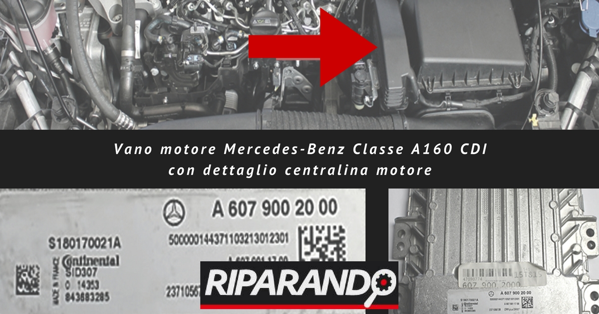 Vano motore Mercedes-Benz Classe A160 CDI con dettaglio centralina motore Riparando